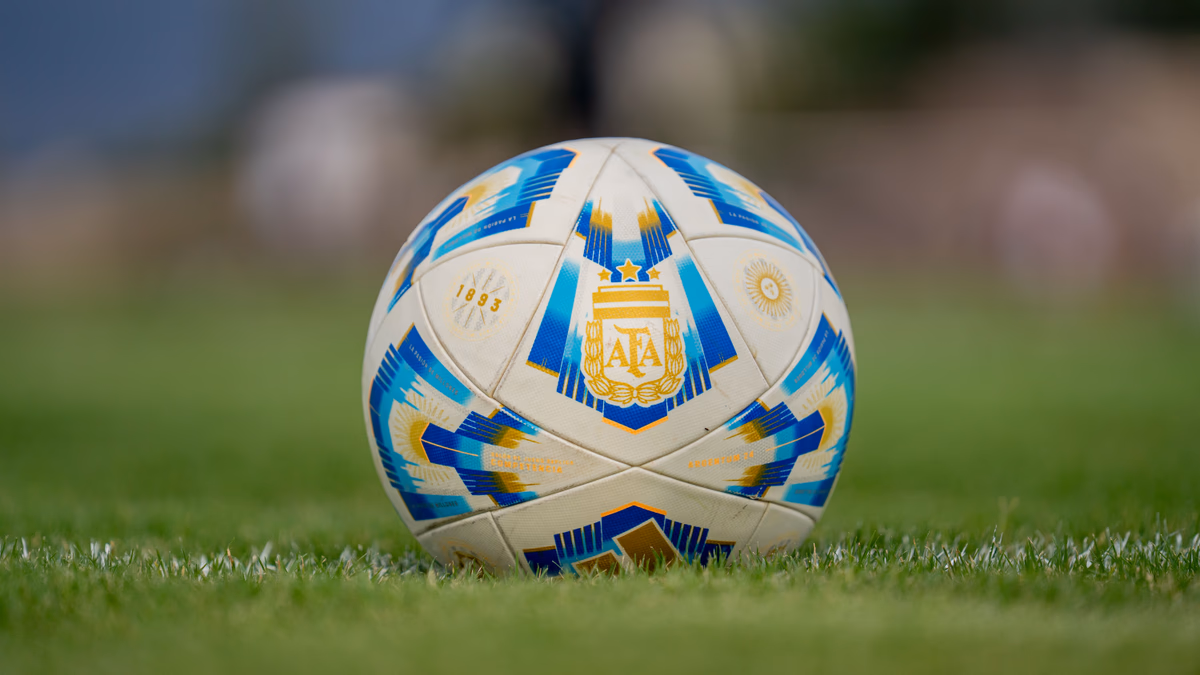 An official football resting on the grass pitch, close up